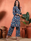 Navy Blue Floral Printed A - Line Kurta Set with Mandarin Collar - Mahukaa