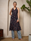 Navy Blue Floral V - Neck Halter Neck Straight Kurta with Screen Print - Mahukaa
