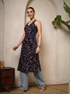 Navy Blue Floral V - Neck Halter Neck Straight Kurta with Screen Print - Mahukaa
