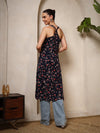 Navy Blue Floral V - Neck Halter Neck Straight Kurta with Screen Print - Mahukaa