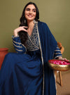 Navy Blue Yoke embroidery Anarkali with Duppatta - Mahukaa
