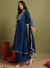 Navy Blue Yoke embroidery Anarkali with Duppatta - Mahukaa