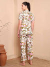 Off - White Floral Cotton Night Suit with Mandarin Collar - Mahukaa