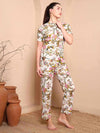Off - White Floral Cotton Night Suit with Mandarin Collar - Mahukaa