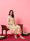 Off - White Floral Screen Print A - Line Kurta Set with Round V - Neck - Mahukaa