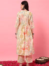 Off - White Floral Screen Print A - Line Kurta Set with Round V - Neck - Mahukaa