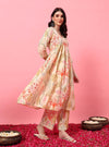 Off - White Floral Screen Print A - Line Kurta Set with Round V - Neck - Mahukaa