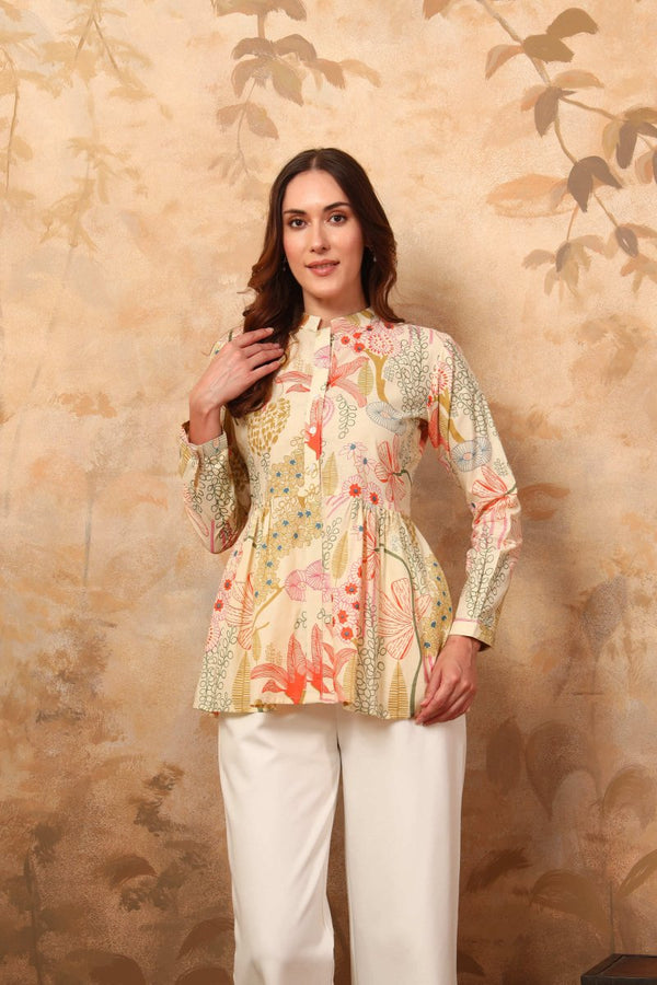 Off white tropical printed gathered tunic - Mahukaa