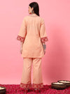 Peach Embroidered Straight Co - ord Set with Round V - Neck Square - Mahukaa