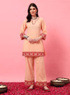 Peach Embroidered Straight Co - ord Set with Round V - Neck Square - Mahukaa