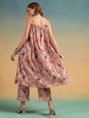 Peach Floral Printed A - Line Kurta Set with Spaghetti Straps - Mahukaa