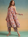 Model in Peach Floral Printed A - Line Kurta Set with Spaghetti Straps - Mahukaa