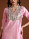 Pink Chanderi Straight Kurta Set with Mirror Work & Net Dupatta - Mahukaa