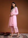 Pink Chanderi Straight Kurta Set with Mirror Work & Net Dupatta - Mahukaa