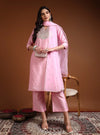 Pink Chanderi Straight Kurta Set with Mirror Work & Net Dupatta - Mahukaa