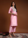 Pink Chanderi Straight Kurta Set with Mirror Work & Net Dupatta - Mahukaa