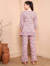 Pink Floral Cotton Night Suit with Round Slit Neckline - Mahukaa