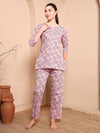 Pink Floral Cotton Night Suit with Round Slit Neckline - Mahukaa