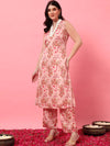 Mahukaa kurta pant set – pink floral printed A-line kurta with pants for festive occasions.