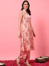 Pink floral A-line kurta set with V-neck and pants – Mahukaa women's ethnic wear