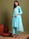 Powder blue dori & thread work embroidery kurta set with dupatta - Mahukaa
