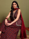 Printed Maroon V - Neckline Kurta Set With Lace Detaling & Dupatta - Mahukaa