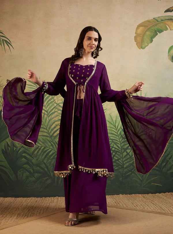 Purple Embroidered Indo - western with Sharara & Dupatta - Mahukaa
