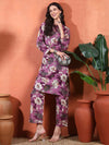 Purple Floral A - Line Co - ord Set with Mandarin Collar - Mahukaa