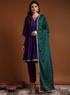 Purple Round V - neckline Anarkali Set with Yoke Embroidery & Dupatta - Mahukaa