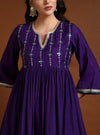 Purple Round V - neckline Anarkali Set with Yoke Embroidery & Dupatta - Mahukaa