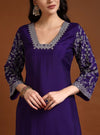 Purple Square V - Neck Zari Embroidered Kurta Set with Dupatta - Mahukaa