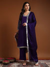 Purple Square V - Neck Zari Embroidered Kurta Set with Dupatta - Mahukaa