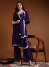 Purple Square V - Neck Zari Embroidered Kurta Set with Dupatta - Mahukaa