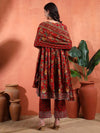 Red Floral Anarkali Set with Screen Print and Round Neck - Mahukaa