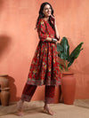 Red Floral Anarkali Set with Screen Print and Round Neck - Mahukaa