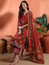 Red Floral Anarkali Set with Screen Print and Round Neck - Mahukaa