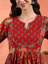 Red Floral Anarkali Set with Screen Print and Round Neck - Mahukaa
