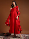 Red V - Neck Embroidered Anarkali Set with Dupatta - Mahukaa