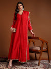 Red V - Neck Embroidered Anarkali Set with Dupatta - Mahukaa