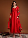 Red V - Neck Embroidered Anarkali Set with Dupatta - Mahukaa