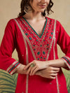 Red V - Neck Embroidered Kurta Set & Matching Dupatta - Mahukaa