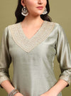 Sage Green V - neckline Straight Kurta Set with Sequin Yoke Embroidery & Net Dupatta - Mahukaa