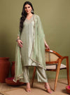 Sage Green V - neckline Straight Kurta Set with Sequin Yoke Embroidery & Net Dupatta - Mahukaa