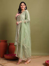 Sage Green V - neckline Straight Kurta Set with Sequin Yoke Embroidery & Net Dupatta - Mahukaa