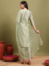Sage Green V - neckline Straight Kurta Set with Sequin Yoke Embroidery & Net Dupatta - Mahukaa