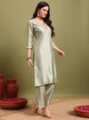 Sage Green V - neckline Straight Kurta Set with Sequin Yoke Embroidery & Net Dupatta - Mahukaa