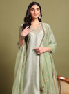 Sage Green V - neckline Straight Kurta Set with Sequin Yoke Embroidery & Net Dupatta - Mahukaa
