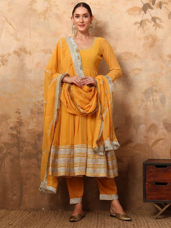Vibrant Yellow Georgette Anarkali Set with Gota Lace and Dupatta - Mahukaa
