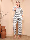 White Floral Print Pure Cotton Night Suit - Mahukaa