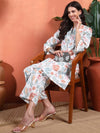 White Floral Printed A - Line Kurta Set with Mandarin Collar - Mahukaa